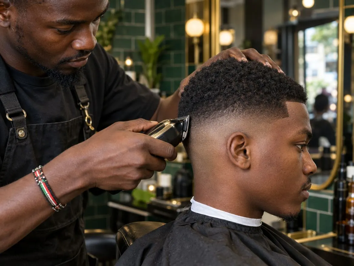 A barber giving a young client a sharp skin fade with clippers