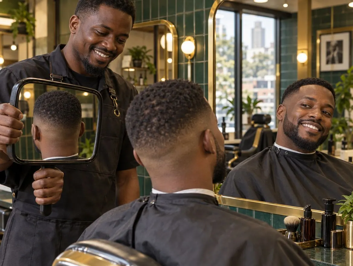 A barber showing a smiling client his fresh fade in a hand mirror