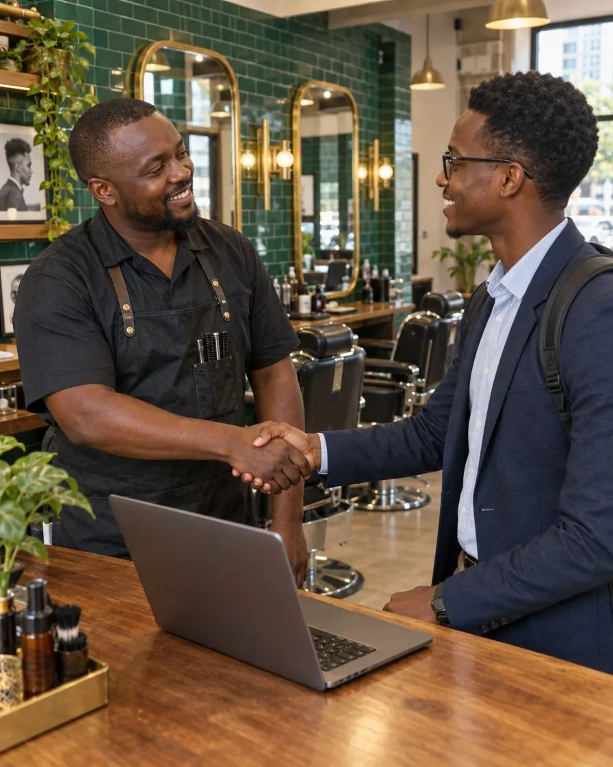 A barbershop owner shaking hands with a KinyoziHQ consultant over a laptop