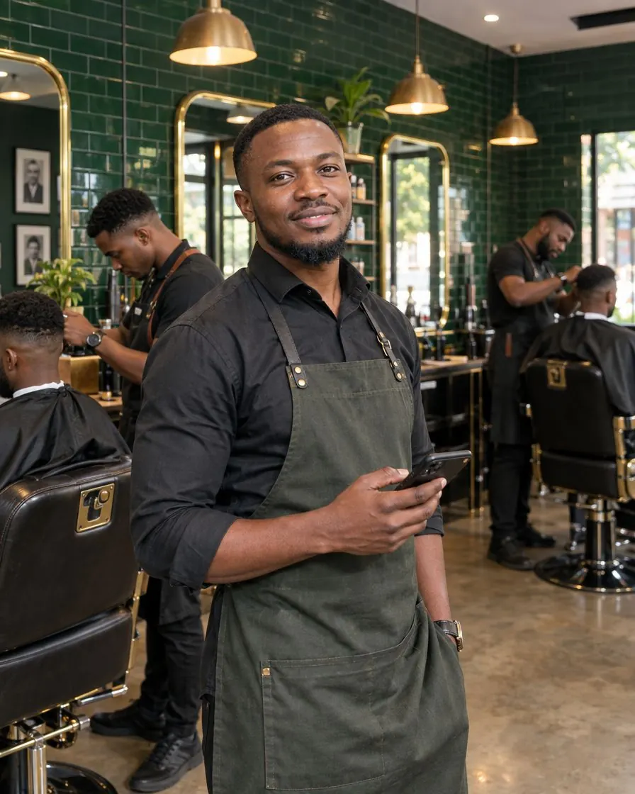 A barbershop owner in his Nairobi barbershop holding his phone while his barbers work behind him
