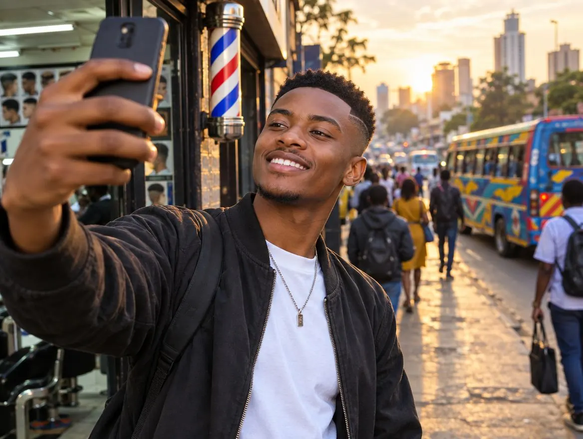 A young man taking a selfie of his fresh haircut on a busy Nairobi street