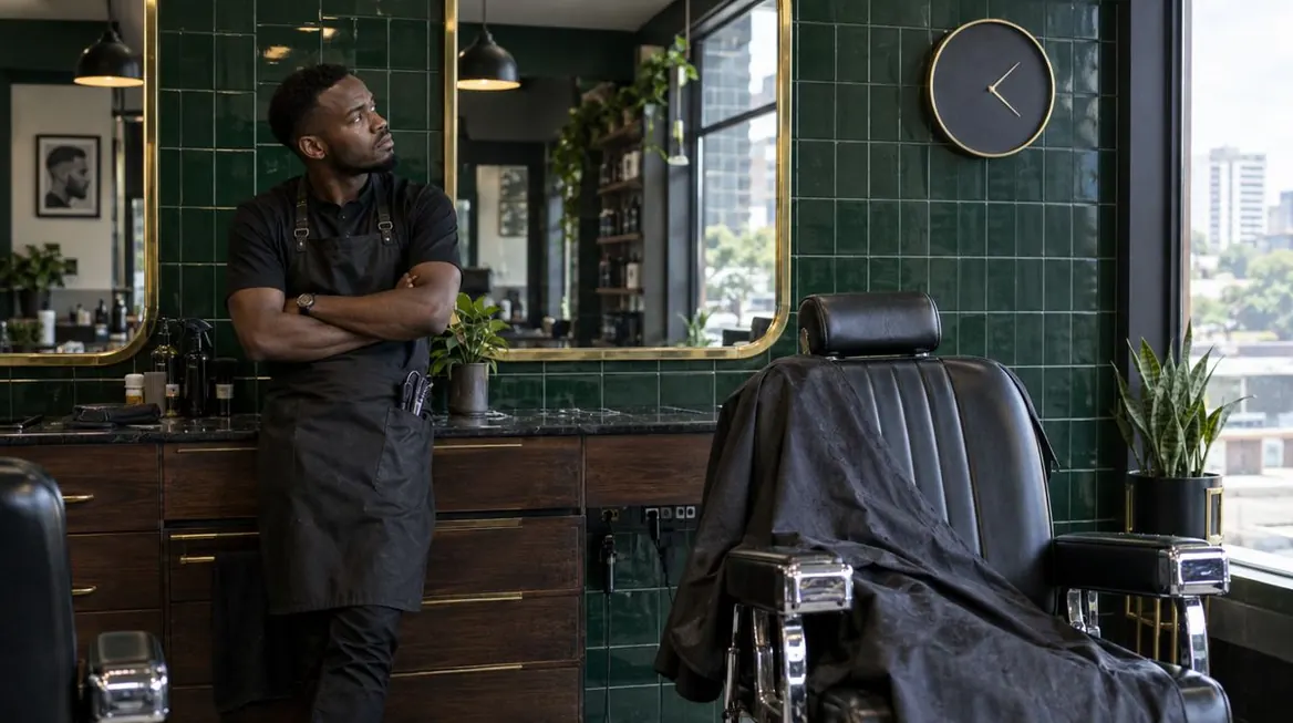 A barber waits beside an empty barber chair for a client who didn't show up