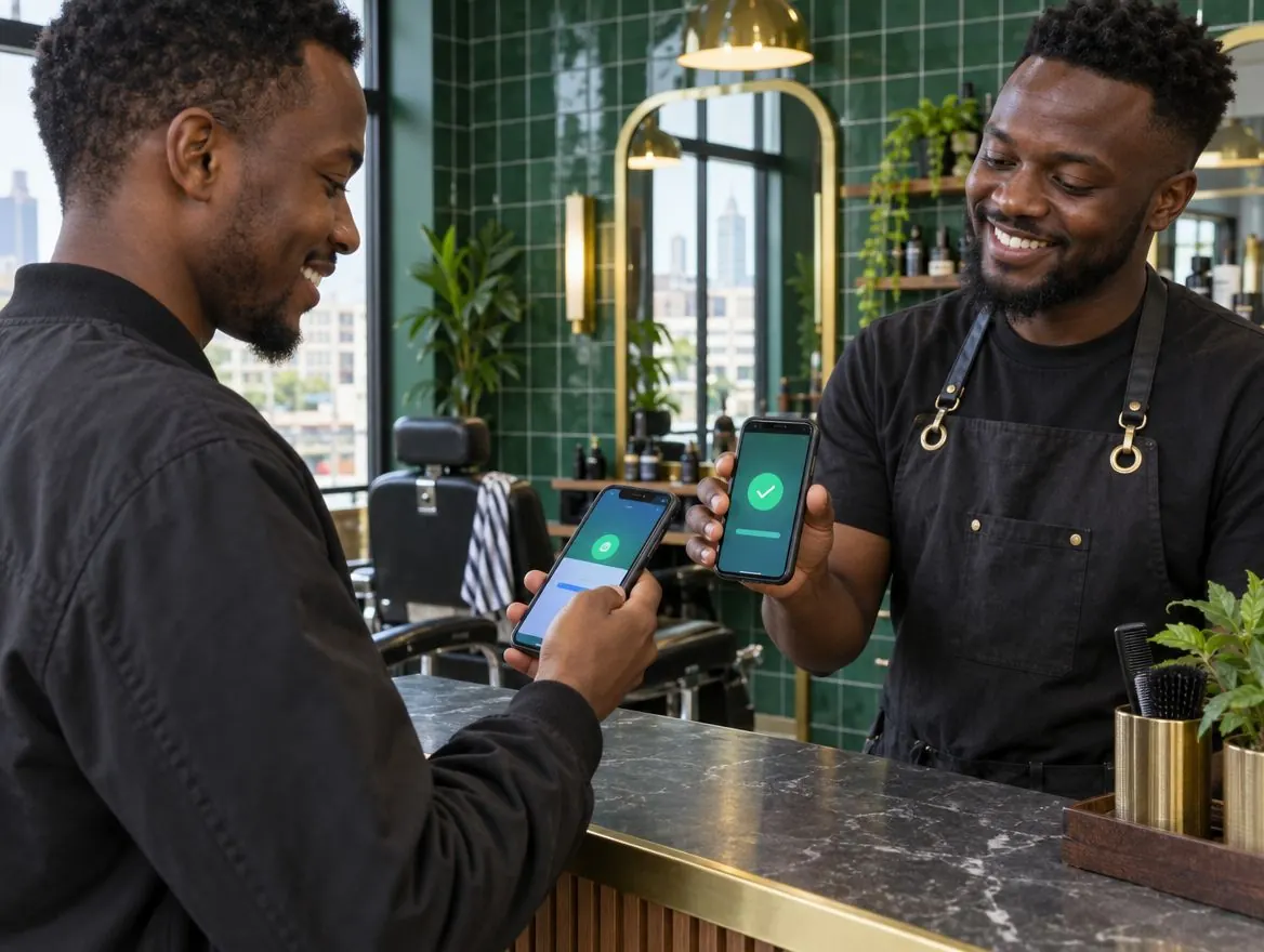 A client paying for his haircut with mobile money at the barbershop counter
