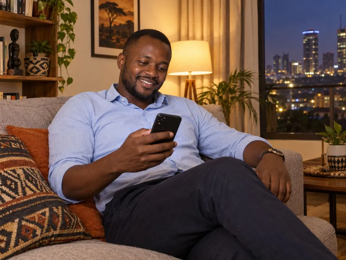 A barbershop owner relaxing at home in the evening, checking his phone