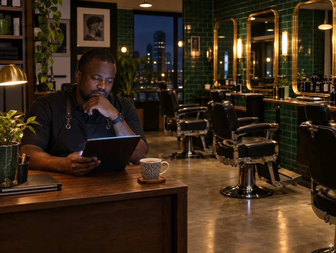 A barbershop owner reviewing the day's numbers on a tablet after closing