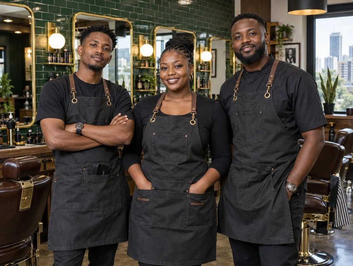 Three barbers in aprons standing together in their barbershop